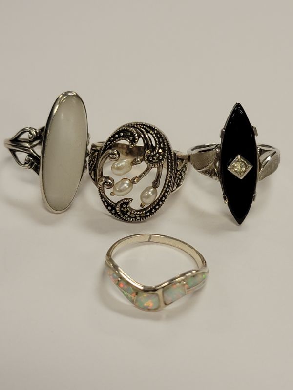 Photo 1 of (4) Sterling & Black Onyx & Mother of Pearl & Pearl Ring