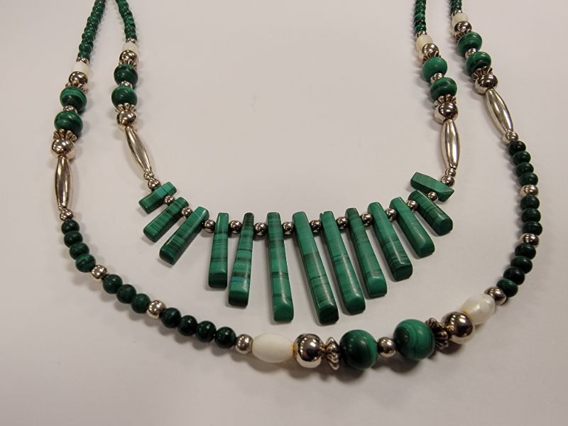 Photo 1 of Double Strand Sterling Malachite & Mother of Pearl Necklace