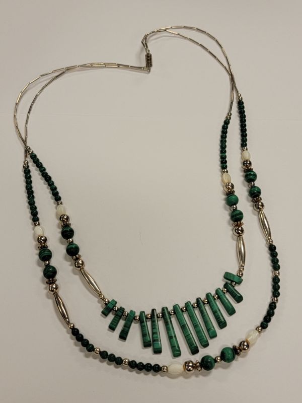 Photo 2 of Double Strand Sterling Malachite & Mother of Pearl Necklace