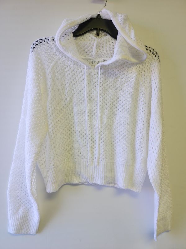 Photo 1 of PLANET GOLD WOMEN'S JUNIOR OPEN KNIT HOODED CROPPED SWEATER WHITE L