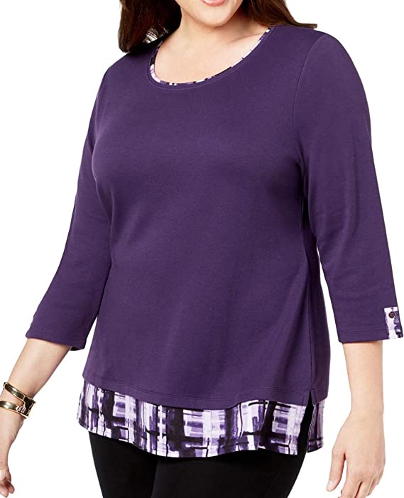 Photo 1 of Karen Scott Women's Top Cassis Plus Knit Printed-Trim Purple 2X