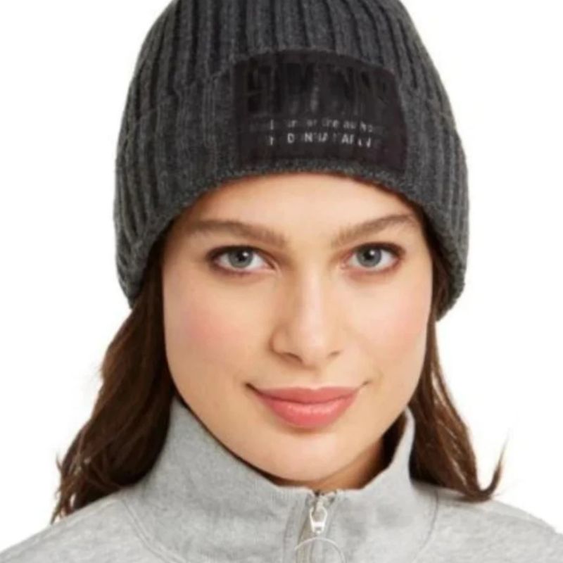 Photo 1 of DKNY Logo Women's Fleece-Lined Cuffed Gray Knit Beanie Hat