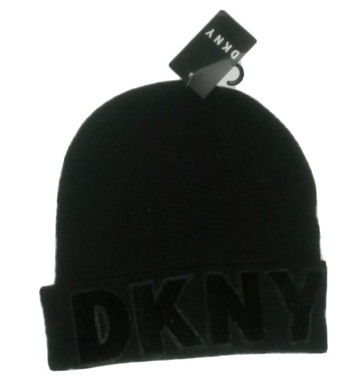 Photo 1 of DKNY Women's Black Logo Velvet Flocked Flat Knit Beanie hat one size