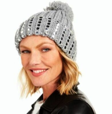 Photo 1 of DKNY Women's  Flat-Stud Metallic Rib-Knit Beanie Silver