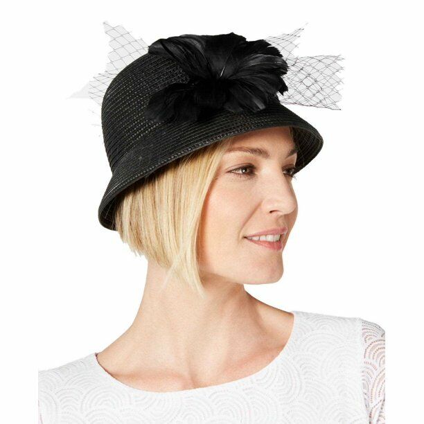 Photo 1 of August Hat Cloche w/ Feather and Net Black Adjustable