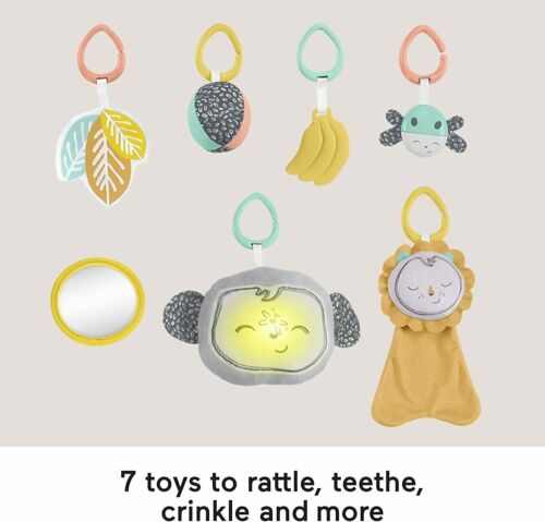 Photo 5 of Fisher-Price Snugamonkey Go Bananas Baby Activity Gym Your Newborn Will Love. Includes a soft lion lovey, jingle ball, ladybug rattle, crinkle leaves, banana teether, mirror, and take-along monkey. Up to 20 minutes of music and lights.