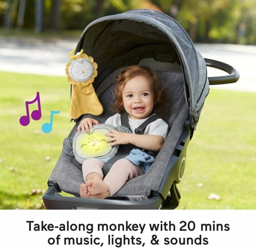 Photo 4 of Fisher-Price Snugamonkey Go Bananas Baby Activity Gym Your Newborn Will Love. Includes a soft lion lovey, jingle ball, ladybug rattle, crinkle leaves, banana teether, mirror, and take-along monkey. Up to 20 minutes of music and lights.