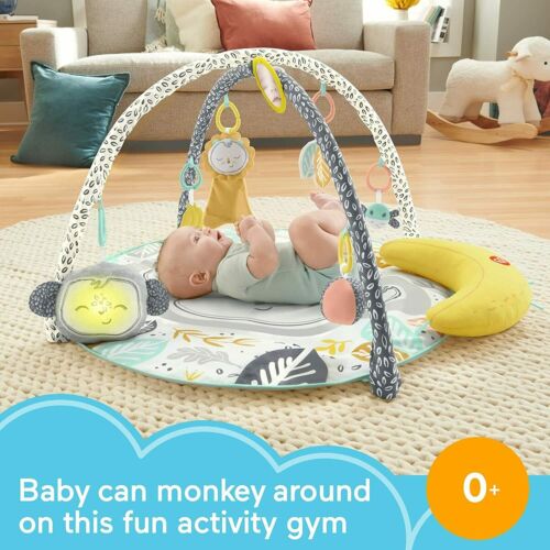 Photo 1 of Fisher-Price Snugamonkey Go Bananas Baby Activity Gym Your Newborn Will Love. Includes a soft lion lovey, jingle ball, ladybug rattle, crinkle leaves, banana teether, mirror, and take-along monkey. Up to 20 minutes of music and lights.