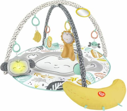 Photo 2 of Fisher-Price Snugamonkey Go Bananas Baby Activity Gym Your Newborn Will Love. Includes a soft lion lovey, jingle ball, ladybug rattle, crinkle leaves, banana teether, mirror, and take-along monkey. Up to 20 minutes of music and lights.