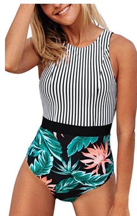 Photo 1 of CUPSHE Women's Striped Leafy One Piece Swimsuit size xl