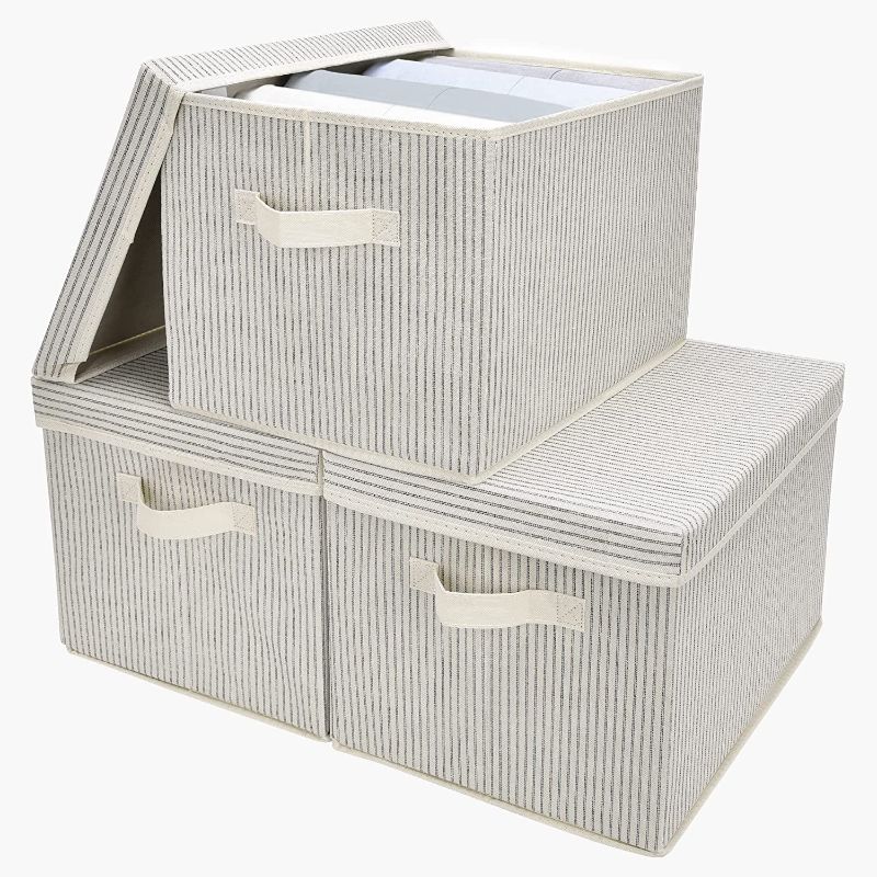 Photo 1 of  GRANNY SAYS Extra Large Storage Bins, Storage Baskets for Closet Organization, Fabric Storage Bins with Lids, Beige with Blue Stripes, 3-Pack