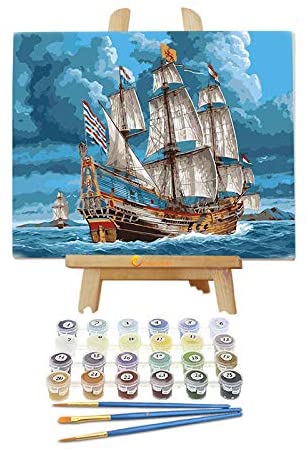 Photo 1 of ANGE Wooden Framed Oil Painting by Numbers for Adults Kids DIY Paint Kits Acrylic Painting Draw On Canvas 16"X20" Paint by Number with Frame Arts Crafts for Home Decoration - Ship Sail on Ocean