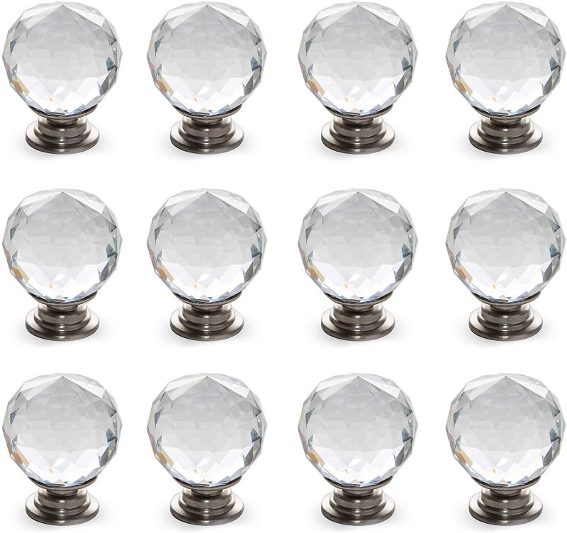 Photo 1 of BINO 12-Pack Crystal Cabinet Knobs Drawer Pull Handles - 1.25" Diameter (32mm), Satin Nickel - Dresser Knobs for Dresser Drawers Crystal Knobs and Pulls Handles