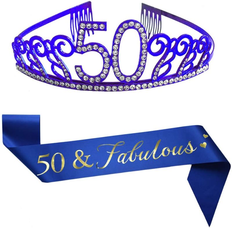 Photo 1 of 50th Brithday Blue Tiara and Sash, Glitter Satin Sash and Crystal Rhinestone Birthday Crown for Happy 50th Birthday Party Supplies Favors Celebration