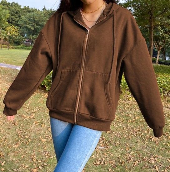 Photo 1 of Brown Y2K Aesthetic Hoodies Women Vintage Zip Up Sweatshirt Winter Jacket Clothes Pockets Long Sleeve Hooded Pullovers size L