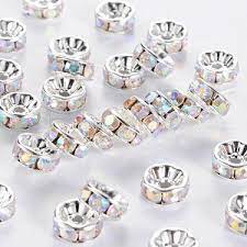 Photo 1 of  5 Rhinestone Spacer Beads, Copper, Grade A, Flat Round, Silver Color Plated, AB Color, Clear AB, Size: about 8mm in diameter, 4mm thick, hole: 1.5mm,(US-RB-H035-28) 1,000 COUNT 
