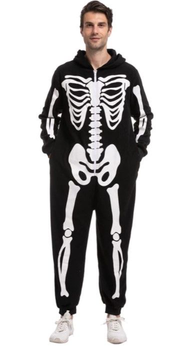 Photo 1 of Halloween Skeleton Costume Jumpsuit with Front and Back Skeleton Bone Print for Men size 2x