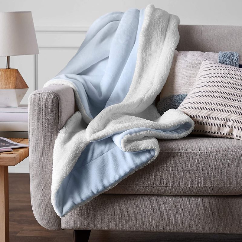 Photo 1 of Amazon Basics Ultra-Soft Micromink Sherpa Blanket - Full/Queen, Smoke Blue 88x90