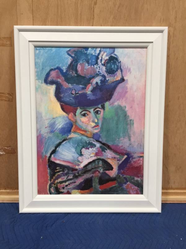 Photo 1 of HENRI MATISSE WOMAN WITH A HAT PRINT STYLE MULTICOLORED DECORATIVE ARTWORK APPROX 40 X 31 INCHES FRAMED IN WHITE