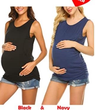 Photo 1 of 2pk | Ekouaer Women's Maternity Nursing Top Breastfeeding Tank Top Tee Shirt Double Layer Sleeveless Pregnancy Shirt
