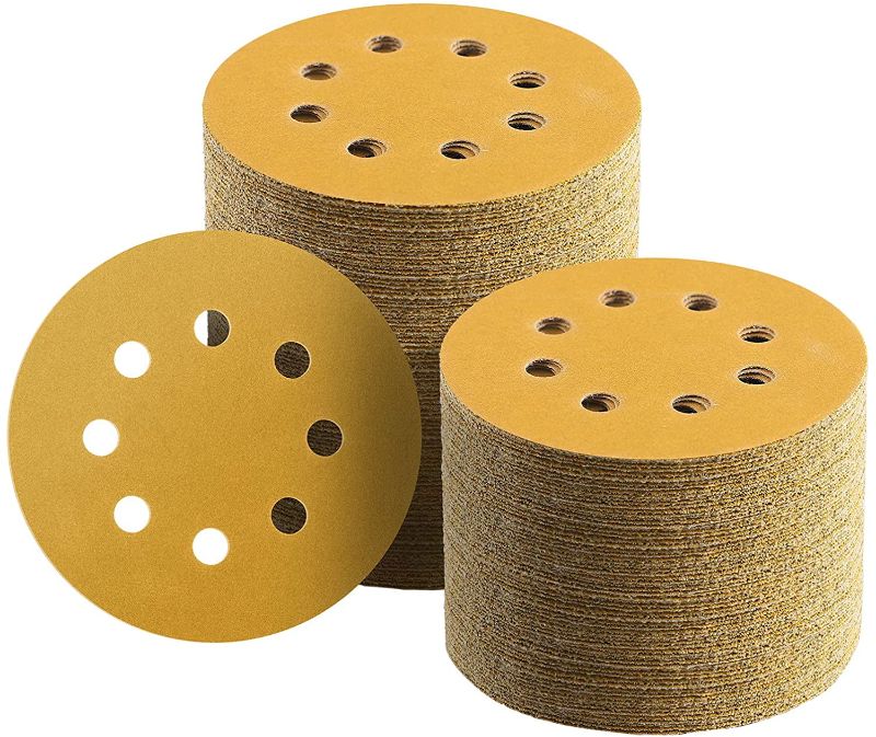 Photo 1 of 100 Pcs 5 Inch Sanding Discs Hook and Loop, 400 Grit Sandpaper for Woodworking or Automotive, 8 Hole Gold Premium Dustless Random Orbit Sandpaper
