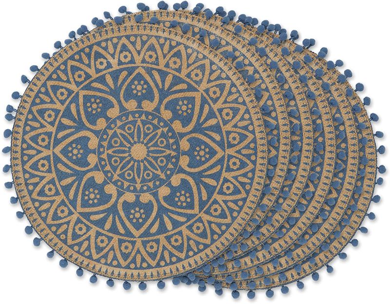 Photo 1 of DII Woven Tabletop Collection Natural Jute, Placemat Set, 15" Round, French Blue Block Print, 6 Piece
