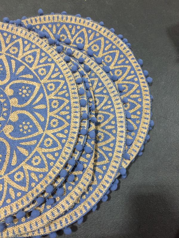 Photo 1 of DII Woven Tabletop Collection Natural Jute, Placemat Set, 15" Round, French Blue Block Print, 6 Piece
