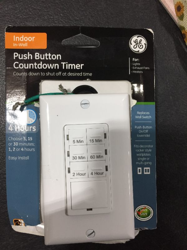 Photo 2 of GE Push-Button Countdown Timer Switch, 5-15-30 Minute/1-2-4 Hour, ON/Off, No Neutral Wire Needed, Ideal for Lights, Exhaust Fans, Heaters, Wall Plate Included, 15318 , White
