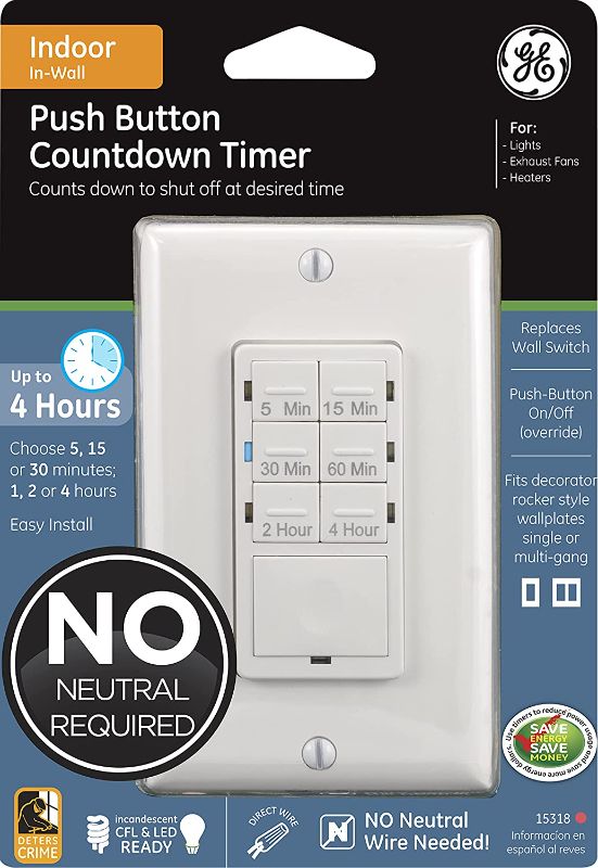 Photo 1 of GE Push-Button Countdown Timer Switch, 5-15-30 Minute/1-2-4 Hour, ON/Off, No Neutral Wire Needed, Ideal for Lights, Exhaust Fans, Heaters, Wall Plate Included, 15318 , White
