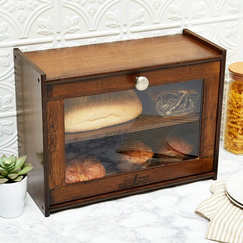 Photo 1 of G&S Noble Designs Double Layer Bread Box - Ships Fully Assembled - Acrylic Window - Kitchen Bread Storage - Brushed Nickel Handle - Countertop Keeper - Loaf/Dessert - Airtight - Bread Saver -Dark Wood
