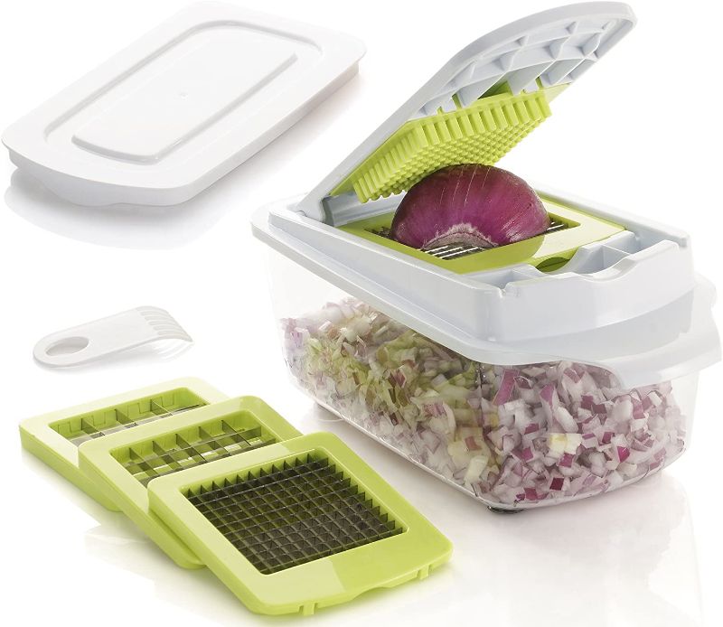 Photo 1 of Brieftons QuickPush Food Chopper: Strongest & 200% More Container Capacity, 30% Heavier Duty, Kitchen Vegetable Fruit Dicer, Onion Tomato Potato Fries Cutter, with 3 Dicing Blades & Keep-Fresh Lid
