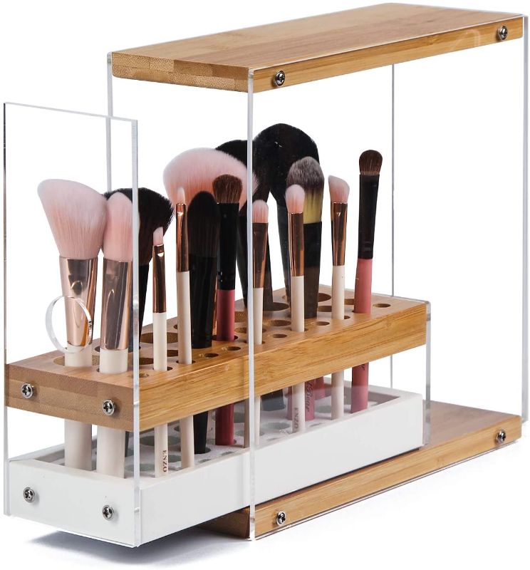 Photo 1 of JackCubeDesign 29 Holes Acrylic Bamboo Brush Holder Organizer Beauty Cosmetic Display Stand with Leather Drawer(White, 8.77 x 3.34 x 8.42 inches) - :MK228D
