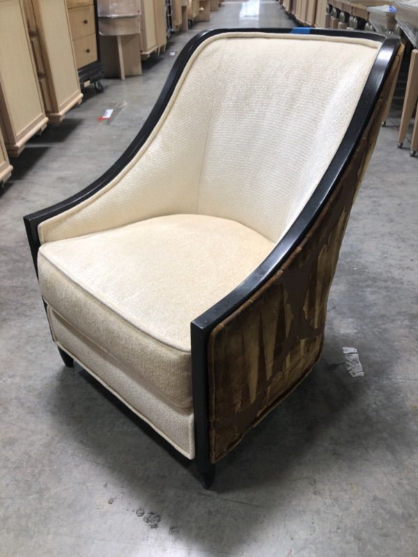 Photo 1 of DARK WOOD FINISH TRIMMING PATTERNED SOFT FABRIC MATERIAL LOUNGE CHAIR  H 36 W 26 INCHES