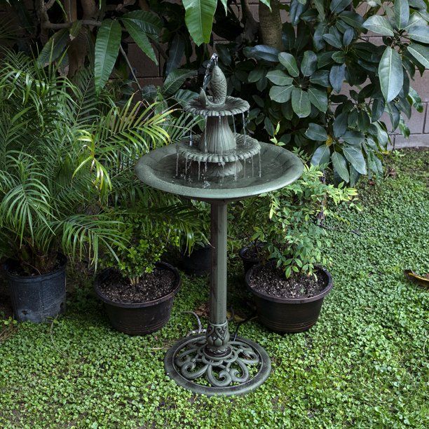 Photo 1 of Alpine Corporation Plastic 3-Tier Pedestal Fountain Bird Bath, Green