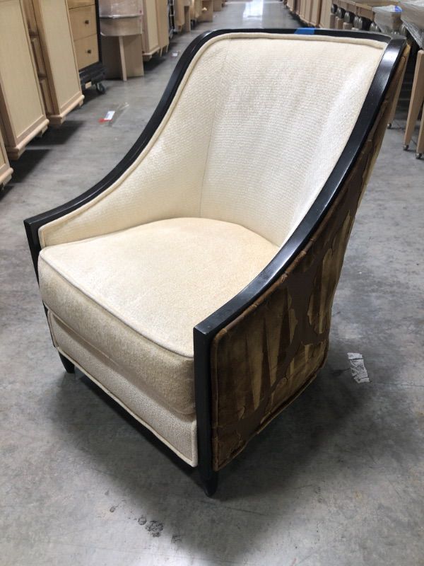 Photo 4 of DARK WOOD FINISH TRIMMING PATTERNED SOFT FABRIC MATERIAL LOUNGE CHAIR  H 36 W 26 INCHES
