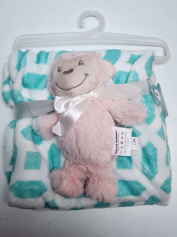 Photo 1 of Plush Blanket W/ Monkey Plush- 30"x40" - Plush blanket is super soft, warm and will be help babies fall asleep in no time. It has monkey plush toy that measures 9".