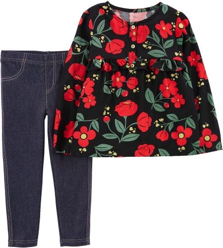 Photo 1 of 6 Months - Carters Baby Girls Poppy Flower Tunic Jeggings Set. Carter's offers cute and comfortable clothing with soft, durable fabrics! Long sleeve tunic top features poppy flower print, a ruffled yoke, button placket, and a round neckline. Set includes 