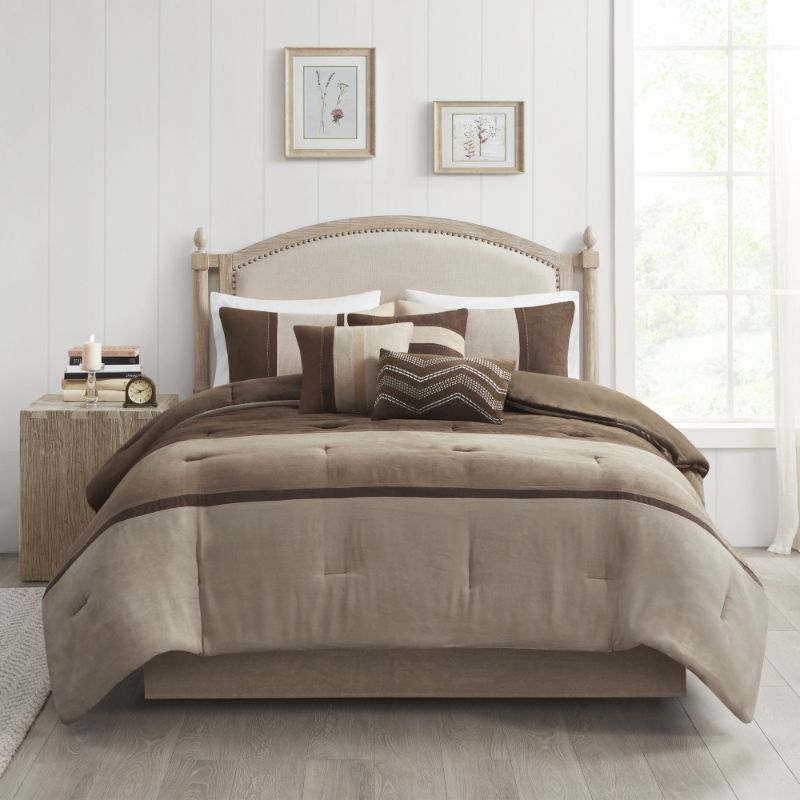 Photo 2 of CAL KING - Madison Park Palisades Cal King 7 Piece Comforter Set in Brown. Palisades offers you a casual alternative in fashion bedding. The reverse of the comforter is solid brown. The soft microsuede in soft tan, dark taupe and chocolate brown is pieced