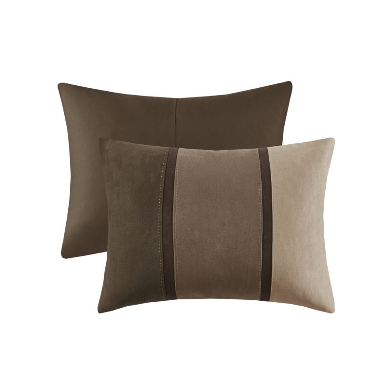 Photo 6 of CAL KING - Madison Park Palisades Cal King 7 Piece Comforter Set in Brown. Palisades offers you a casual alternative in fashion bedding. The reverse of the comforter is solid brown. The soft microsuede in soft tan, dark taupe and chocolate brown is pieced