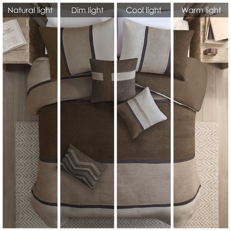 Photo 5 of CAL KING - Madison Park Palisades Cal King 7 Piece Comforter Set in Brown. Palisades offers you a casual alternative in fashion bedding. The reverse of the comforter is solid brown. The soft microsuede in soft tan, dark taupe and chocolate brown is pieced