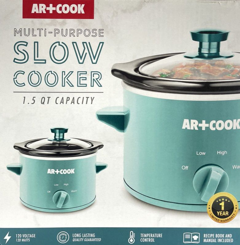 Photo 1 of AR+COOK Multi Purpose Slow Cooker 1.5 Capacity Green Ceramic Pot Glass Lid NEW