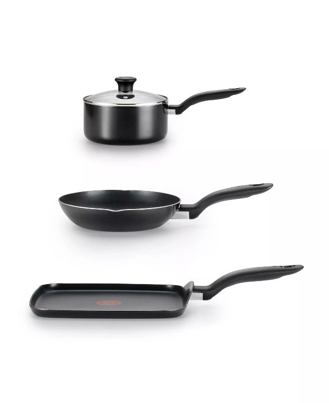 Photo 2 of T-FAL Culinaire Nonstick 4-Pc. Cookware Set - T-fal Culinaire Non-stick 4-Piece set is designed with the everyday chef in mind. Includes 8" Fry pan, 10.25" Griddle, and 1-qt. Saucepan with lid, which stacks to save space in kitchen cabinets. Pro-Glide non