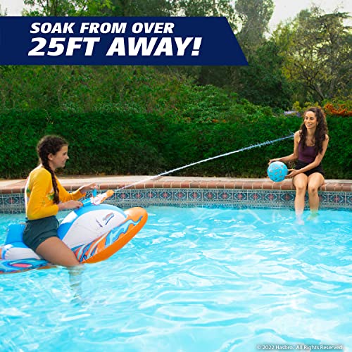Photo 3 of NERF Super Soaker Stormforce Ride-On Racer – Inflatable Pool Float with Pool-Fed Mega Water Blaster - nflatable ride-on racer for the pool Climb onto the comfy seat and stay on using the side grips for stability and balance support. Grab the mounted mega 