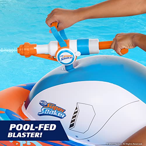 Photo 2 of NERF Super Soaker Stormforce Ride-On Racer – Inflatable Pool Float with Pool-Fed Mega Water Blaster - nflatable ride-on racer for the pool Climb onto the comfy seat and stay on using the side grips for stability and balance support. Grab the mounted mega 