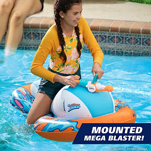 Photo 4 of NERF Super Soaker Stormforce Ride-On Racer – Inflatable Pool Float with Pool-Fed Mega Water Blaster - nflatable ride-on racer for the pool Climb onto the comfy seat and stay on using the side grips for stability and balance support. Grab the mounted mega 