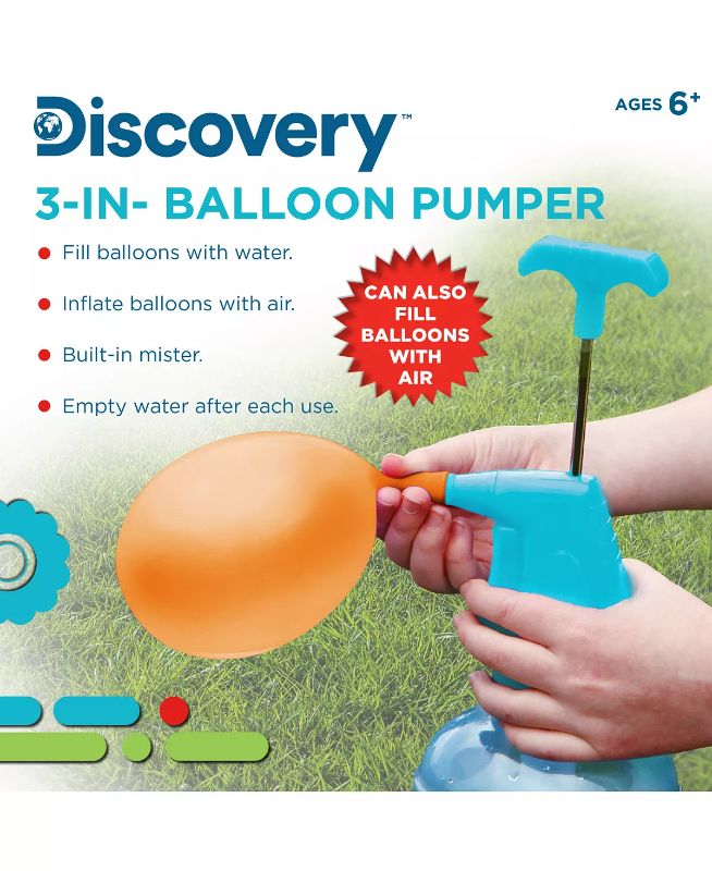 Photo 5 of Discovery Kids 3-in-1 Balloon Pumper with 250 Multicolor Water Balloons - The Discovery Kids 3-in-1 Balloon Pumper lets you fill up balloons with air or water and even features a mister function to cool you down between splashes.

250 BALLOONS: The Discov