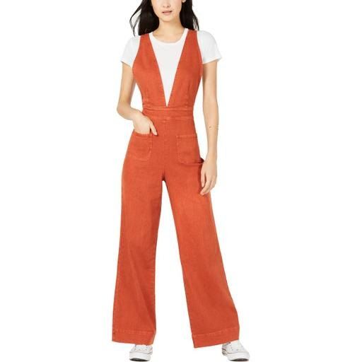 Photo 1 of SIZE 9 - Dollhouse Women Juniors Wide Leg Deep V Overalls Orange 9 - Color your world with these bright denim overalls from Dollhouse, fashioned with a deep V front and super-wide legs - Deep V neckline; back zipper and button closure - Colored denim - Tw