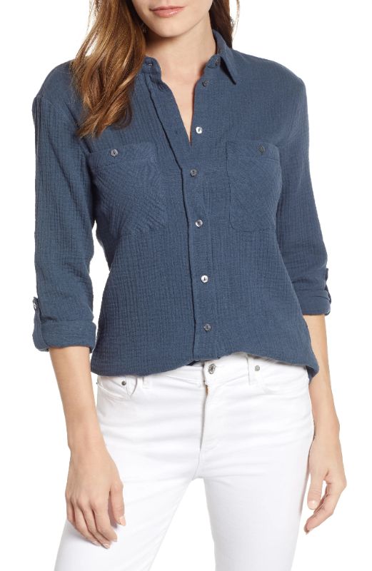 Photo 1 of SIZE L - Women's 1.state Patch Pocket Gauze Top, Size Large - Blue - STATE's button-up shirt is a casual collection essential, styled in a comfy crinkled cotton with versatile roll-tab sleeves and pockets at the chest. - Hits at hip
