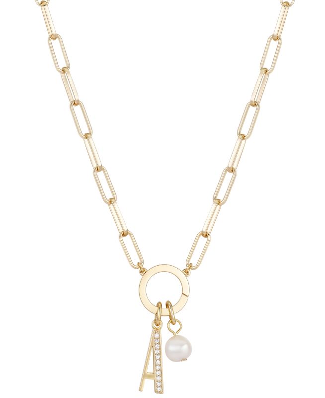 Photo 1 of Cubic Zirconia Initial & Freshwater Pearl 18" Pendant Necklace in Gold Plate - Cubic Zirconia Initial & Freshwater Pearl 18" Pendant Necklace in Gold Plate - A trendy linked chain leads to a double charm pendant on this Unwritten necklace, featuring a fre