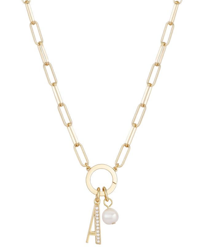 Photo 1 of Cubic Zirconia Initial & Freshwater Pearl 18" Pendant Necklace in Gold Plate - A trendy linked chain leads to a double charm pendant on this Unwritten necklace, featuring a freshwater pearl and a glittering initial.